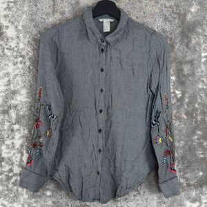 H&M Size 6 Floral Embroidered Long Sleeve Button Shirt Black White Houndstooth